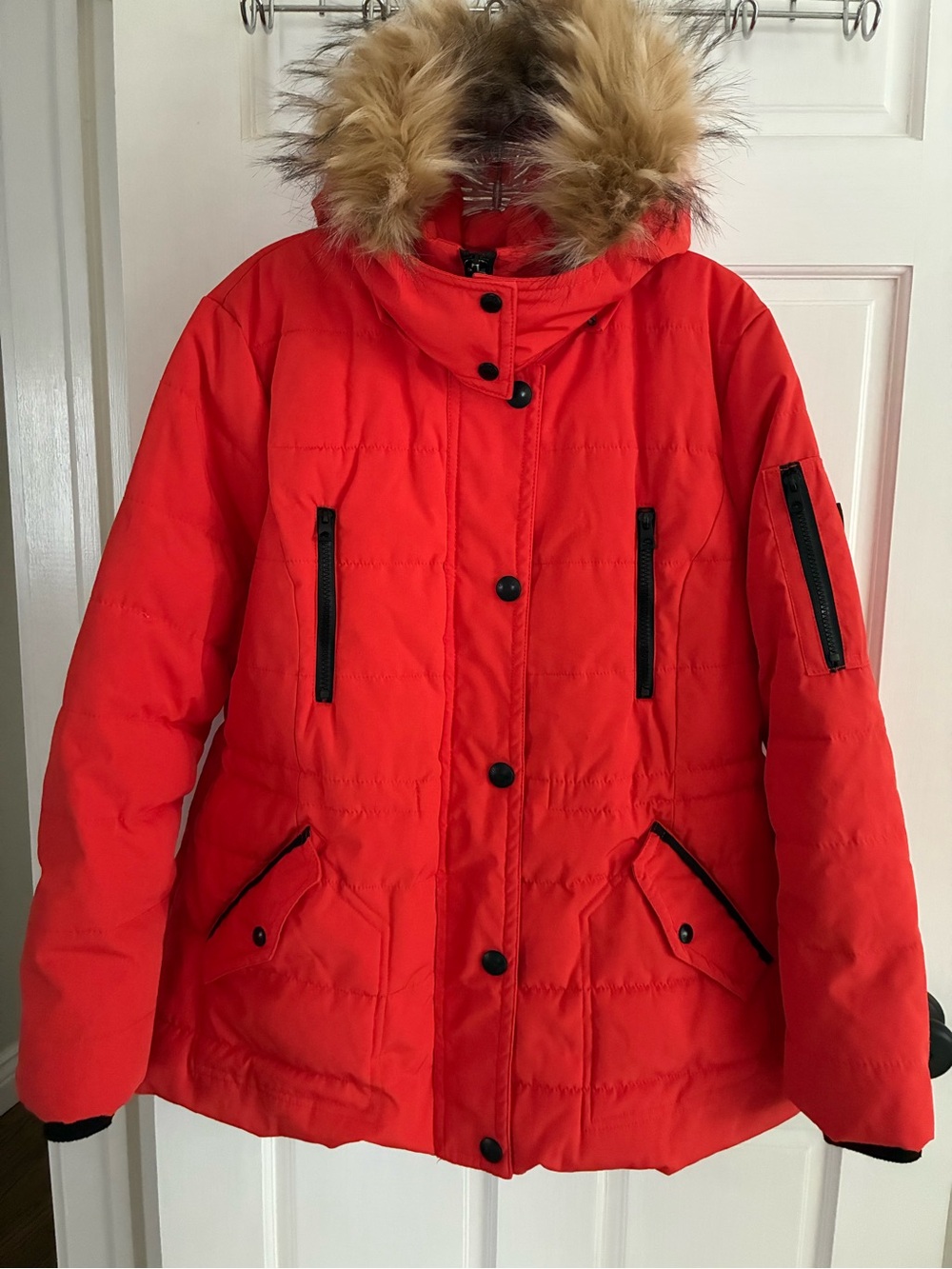Guess Women's Red Puffer Coat with Faux Fur Hood